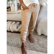 Female Pure Color Elastic Waist Pocket Casual Pants