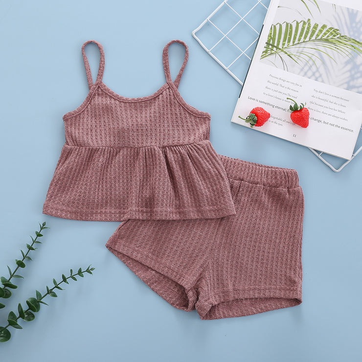 Sleeveless Suspender Top And Shorts Solid Color Two-piece Set