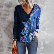 Women's Flower Butterfly Printed V-neck Long Sleeve Loose T-shirt