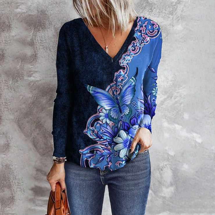 Women's Flower Butterfly Printed V-neck Long Sleeve Loose T-shirt