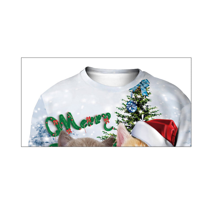 Cat Christmas Digital Printing Round-neck Pullover