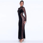 Sexy Hollow See Through Dress Autumn New Hot Long-sleeved Round Neck Backless Dress