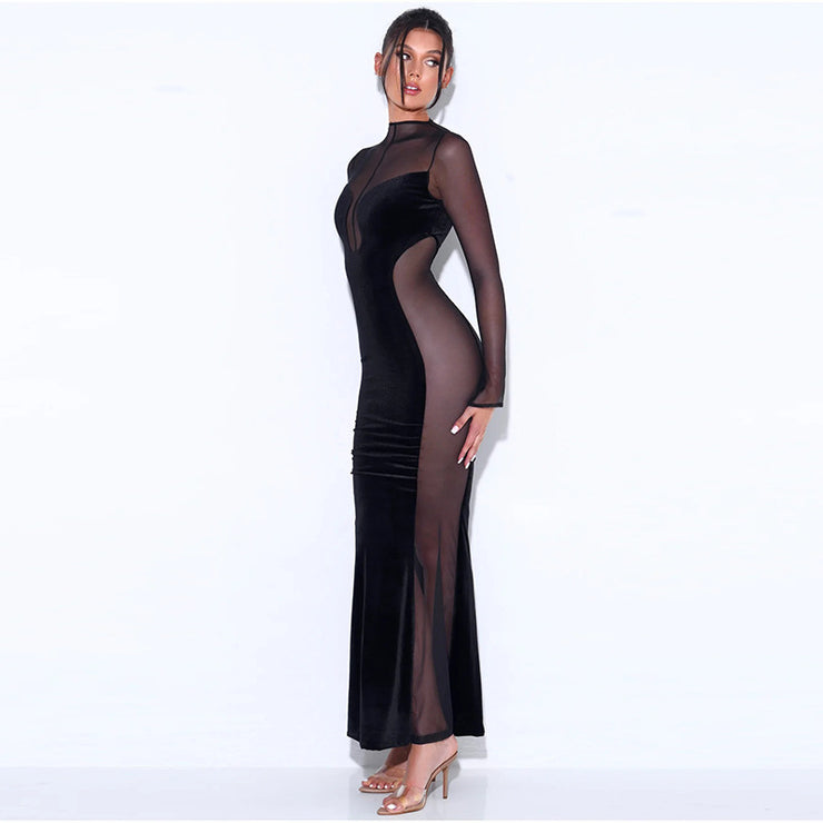 Sexy Hollow See Through Dress Autumn New Hot Long-sleeved Round Neck Backless Dress