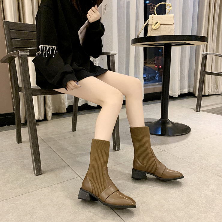 British Style Square Toe Mid-tube Knitted Martin Boots Women