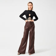 Fashion PU Trousers Metal Zipper Pocket Long Pants