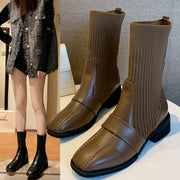 British Style Square Toe Mid-tube Knitted Martin Boots Women