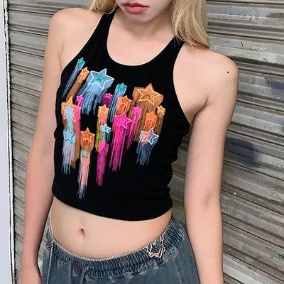 Hip-hop Wind Graffiti Meteor Flashing Colorful Print Small Tank Top Y-shaped Metal Buckle Digging Shoulder Suspenders Bottoming Underwear Female