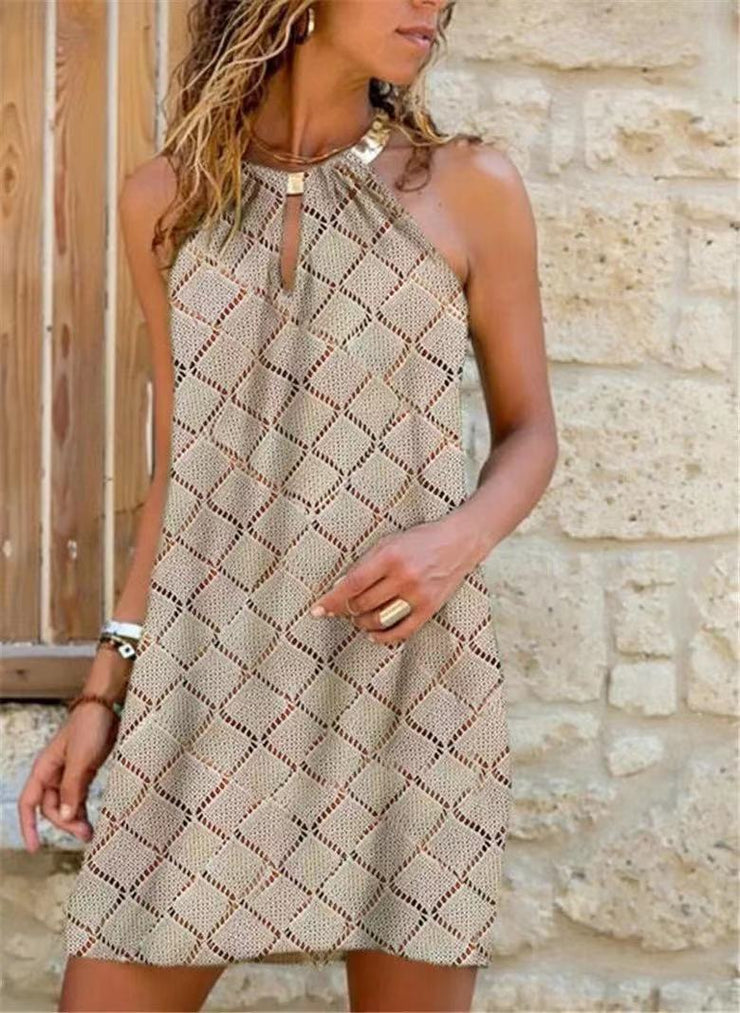 New Metal Hanging Neck Sleeveless Printed Dress Women