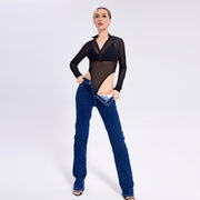 Sexy Perspective High -necked Single -sleeved Mesh Base Top Female Wholesale