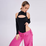 Tight -fitting Sexy Chest Bottoming Shirt Irregular Hollowed Long Sleeve Slim -body Off -shoulder Jacket