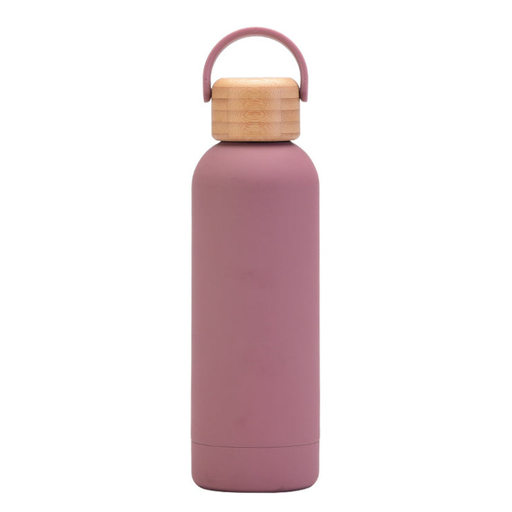 500ml Small Mouth Vacuum Cup Portable Handle Bamboo Wood Cover Water Cup Water Bottle