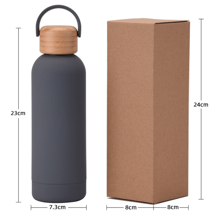 500ml Small Mouth Vacuum Cup Portable Handle Bamboo Wood Cover Water Cup Water Bottle