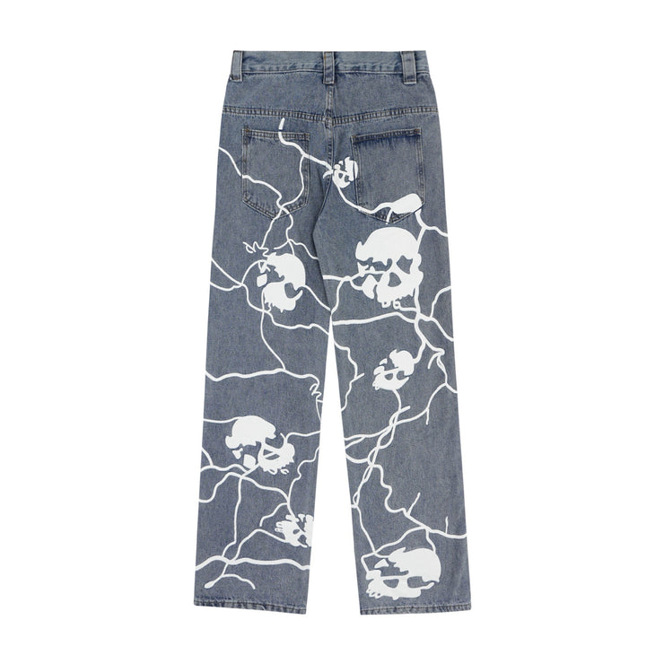 Hip Hop Full Printed Skull Jeans Dark High Street Design Sense Straight-leg Trousers