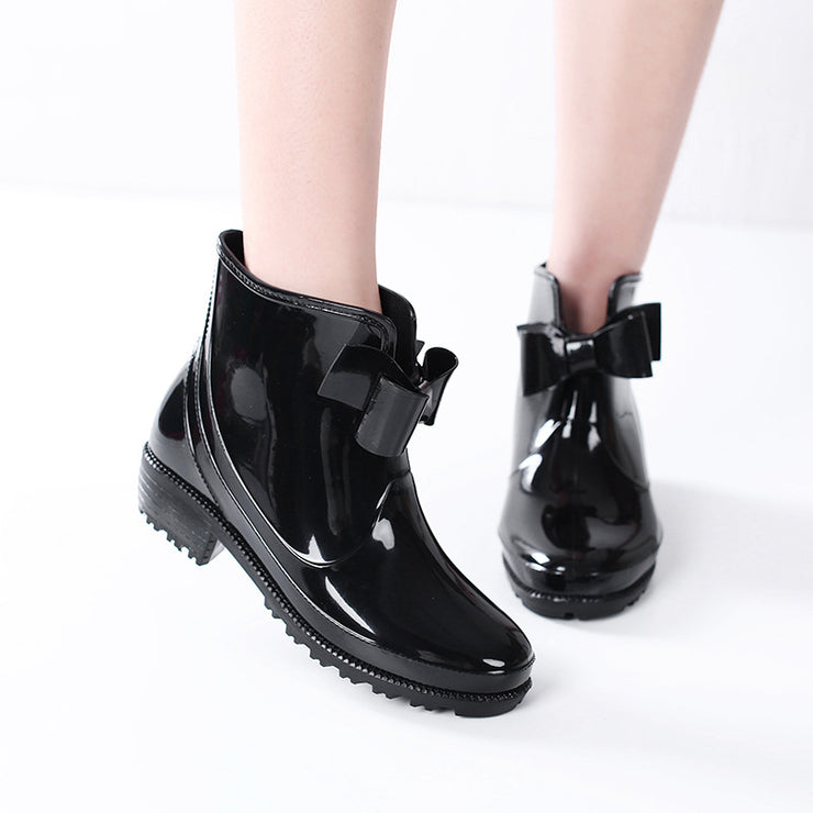 Short Tube Women's Rain Boots Waterproof Non-Slip Flat-Heeled Plastic Bow Rain Boots