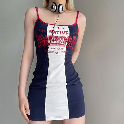 American Vintage Printed Letter Color Contrast Thin Spice Girl Halter Dress Base One Line Shoulder Slim Fit Everything