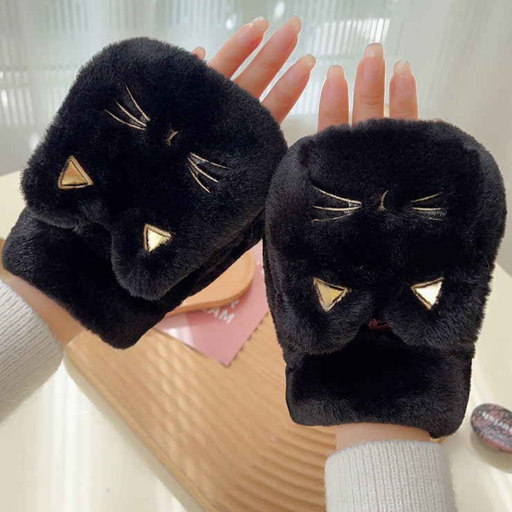 Women's Cold-proof Warm Flip Half Finger Cartoon Cute Plush Gloves