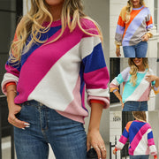 Women's Fashionable Simple Striped Patchwork Round Neck Sweater