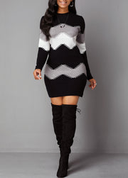 Women's Mid-length Round Neck Long Sleeve Printed Knitted Dress