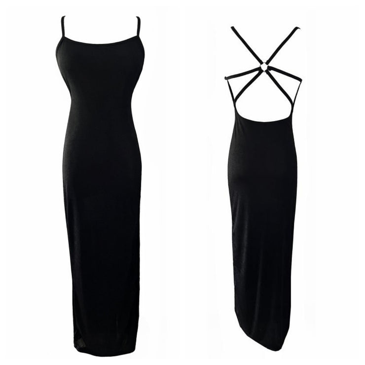 Hollow Backless Pure Color Temperament Sexy Slim Bag Hip Long Dress Dress Suspenders Slit Dress