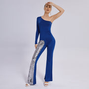 Leg Jumpsuit Mesh One Sleeve Flared