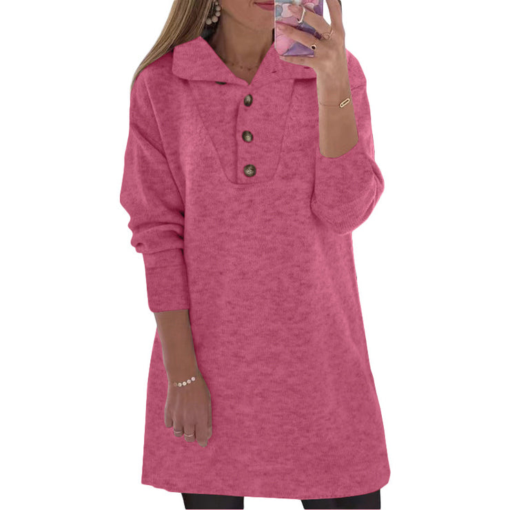 New Women's Solid Collar Button Long Sleeve Casual Dress Women