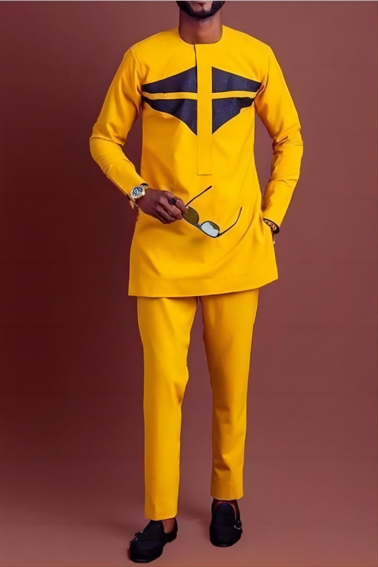 African Ethnic Style Casual Suit Yellow Shirt And Trousers 2-piece Suit