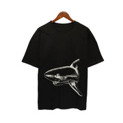 Shark Print Short Sleeve Trendy Men New Cotton T-shirt Cut Two Shark Loose T-shirt