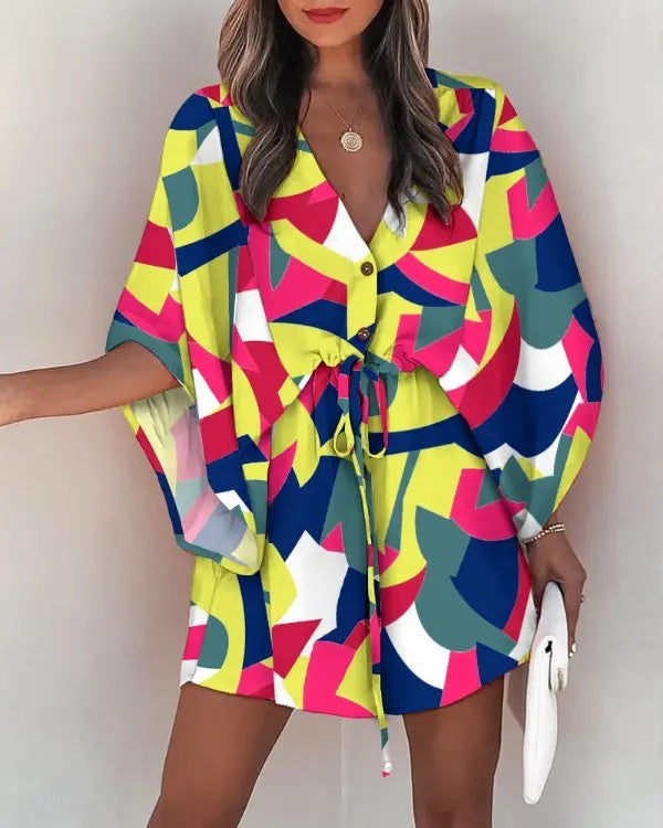 Women's V-Neck Tie Printed Beach Dress