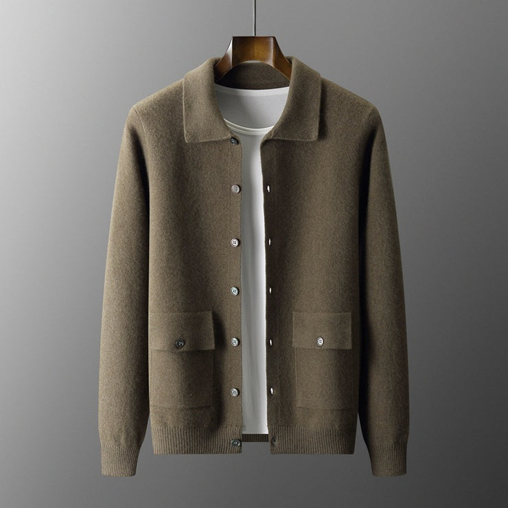 Men's Polo Collar Solid Color Wool Cardigan Autumn Winter Retro Pocket Thick Coat