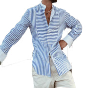 Men's Loose And Simple Striped Irregular Stitching Long-sleeved Shirt Cardigan