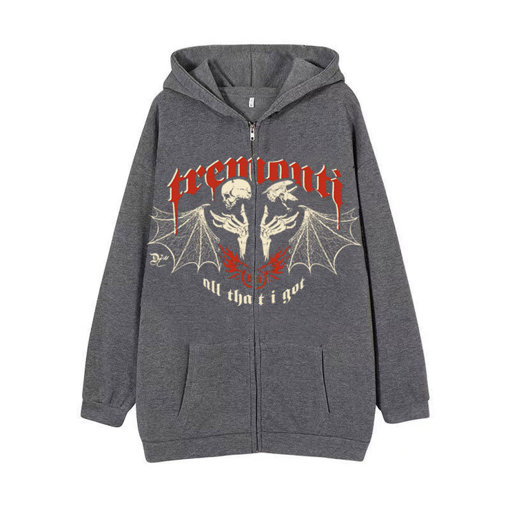 Dark Style Hip Hop Gothic Harajuku Y2Y Skull Zipper Hooded Sweatshirt Coat