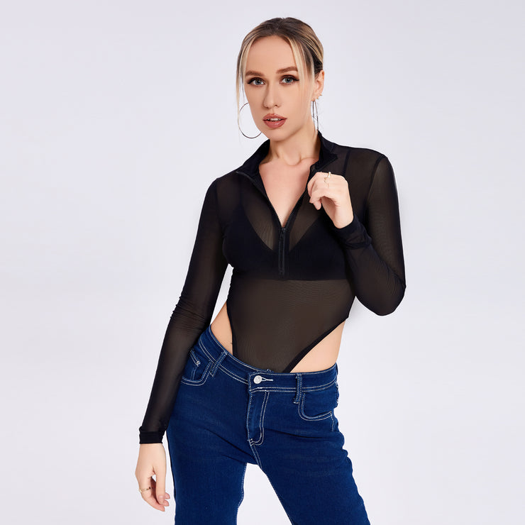 Sexy Perspective High -necked Single -sleeved Mesh Base Top Female Wholesale