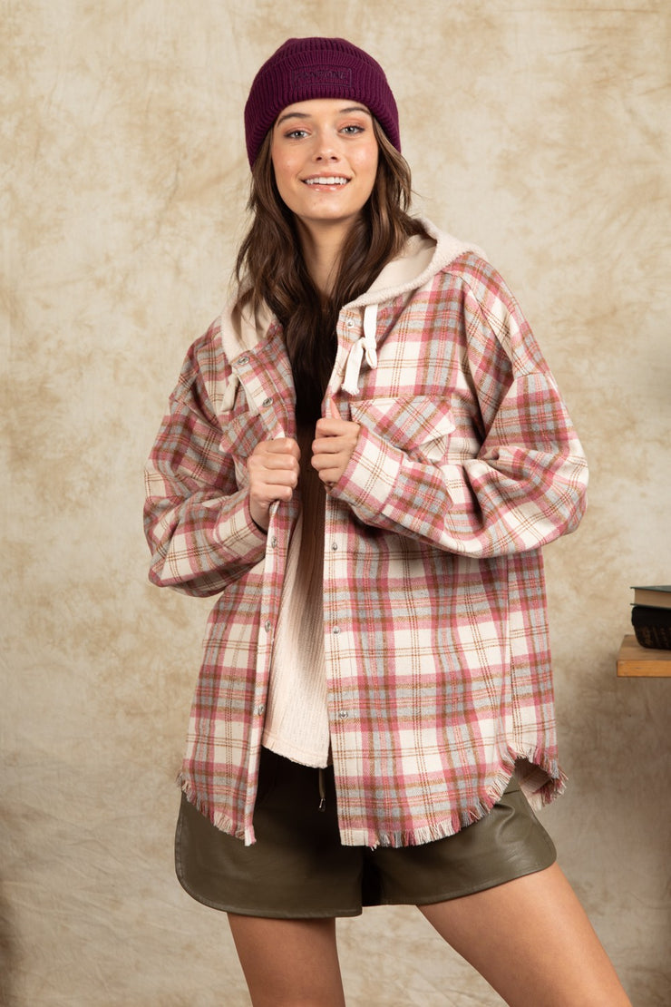 Women's Fashion Hooded Large Pocket Plaid Shirt Coat