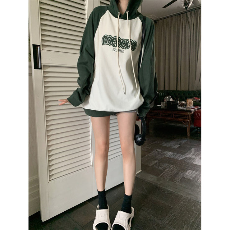 Women's Embroidered Letter Raglan Sleeve Hooded Sweater