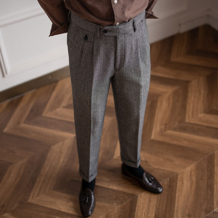 Herringbone Wool Suit Pants Men's High Waist Straight