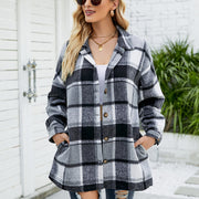 Women's Long-sleeved Plaid Shirt Mid-length Woolen Coat