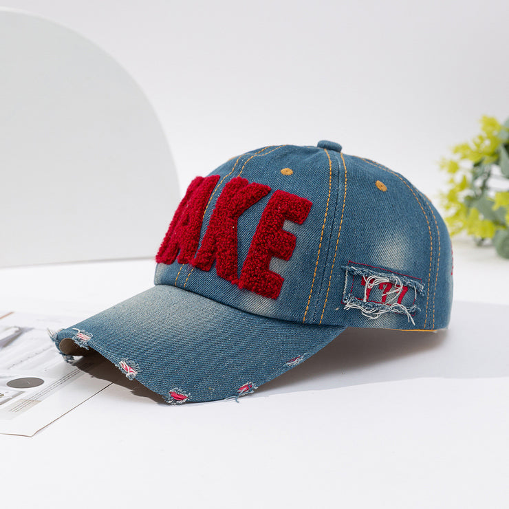 Fashionable Versatile Three-dimensional Embroidered Ripped Letter-printing Denim Baseball Cap