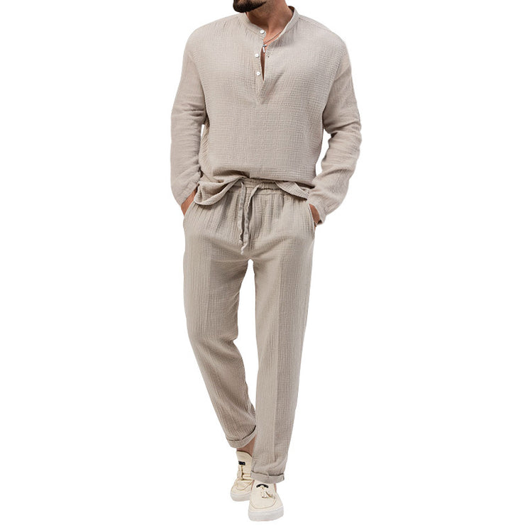 Men's Solid Color Casual Long Sleeve Shirt And Trousers Suit