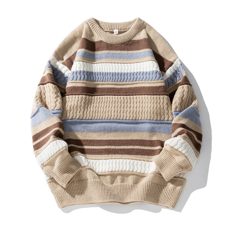 Striped Twisted Patchwork Round Neck Sweater For Men