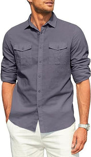 Men's Shirt Double Pocket Cotton Linen Long Sleeve