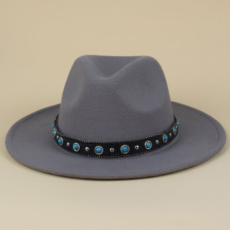 Bohemian Style Woven Leather Belt Denim Fur Felt Hat