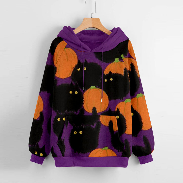 Women's Halloween Pumpkin Printed Long-sleeved Hooded Sweater