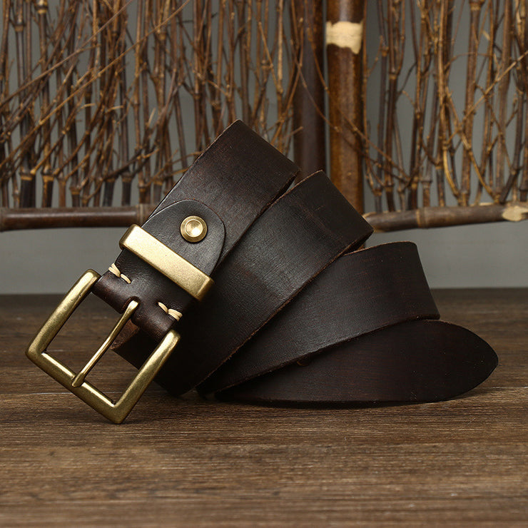 Retro Style Belt Men's Genuine Cattlehide Leather Surface Brass Buckle Denim Overalls Belt