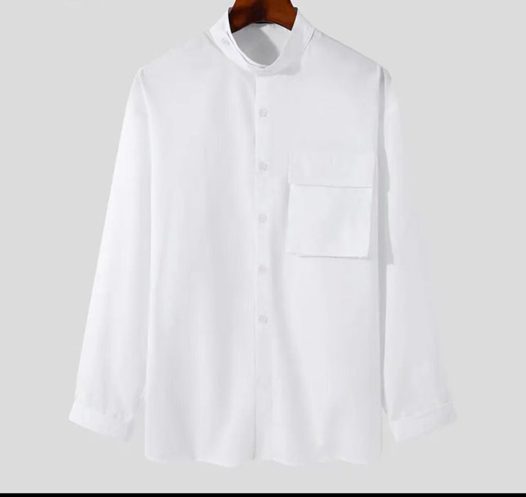 Men's Shirt Stand Collar Long Sleeve Three-dimensional Pocket