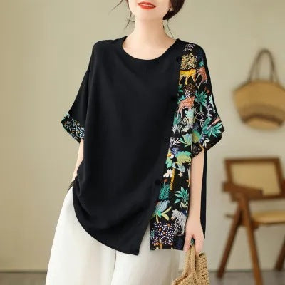 Women's Fashionable Simple Printed Stitching T-shirt