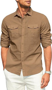 Men's Shirt Double Pocket Cotton Linen Long Sleeve