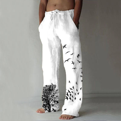 Printed Flying Bird Drawstring Leisure Men's Pants