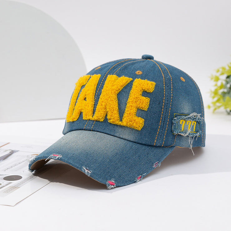 Fashionable Versatile Three-dimensional Embroidered Ripped Letter-printing Denim Baseball Cap