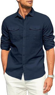 Men's Shirt Double Pocket Cotton Linen Long Sleeve