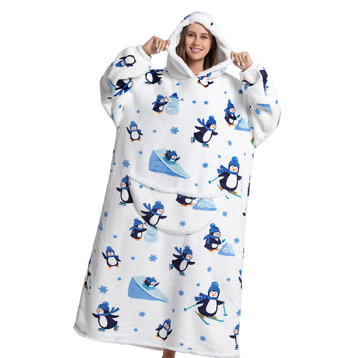 Animal Cartoon Extra Thick Lambswool Pajamas Hooded Lazy Blanket